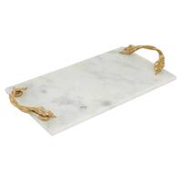 Rectangular Marble Serving Tray with Metal Handles, White and Gold