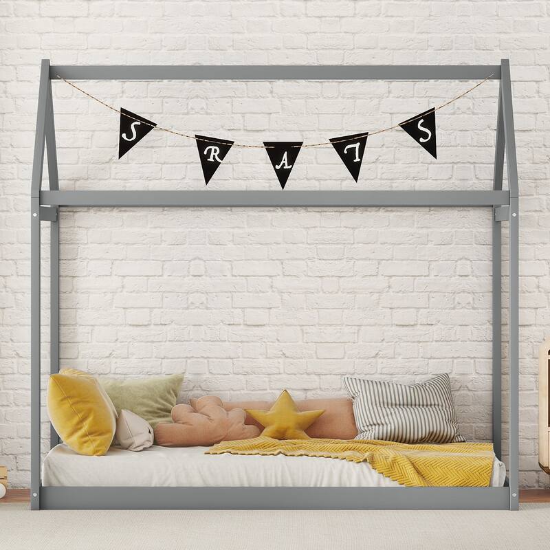 Gray Twin Size Wooden House Bed for Kids - Durable Pine & MDF Construction