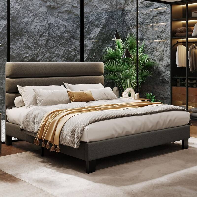 Bed Frame with Adjustable Height Headboard, Linen Upholstered Platform Bed with Wooden Slats Support