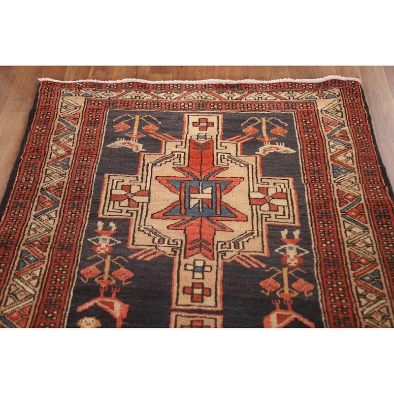 Navy Blue Ardebil Persian Vintage Runner Rug Hand-knotted Wool Carpet - 3'9"x 10'8"