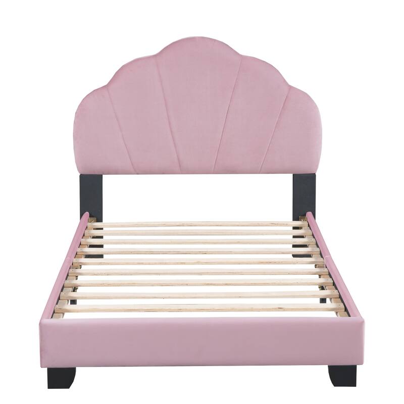 Twin Low Profile Slats Platform Bed with Shell Shaped Pink Bed Bath