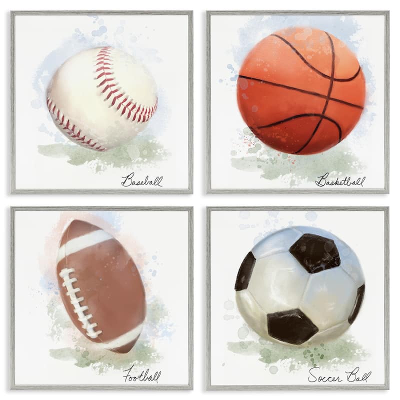 Stupell Soft Pastel Sports Balls Framed Giclee Art Design By Matthew Piotrowicz (Set of 4) - 17 x 17 - Grey