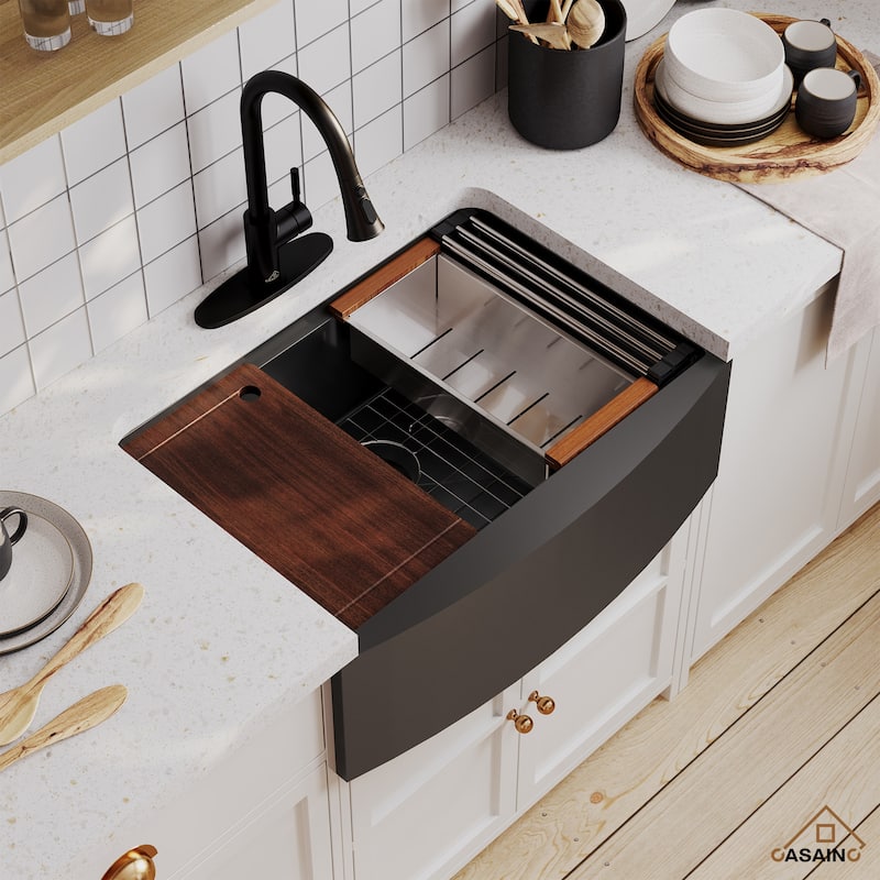 Stainless Steel 16-Gauge Single Bowl Farmhouse Apron Workstation Kitchen Sink in Gunmetal Black with Accessories