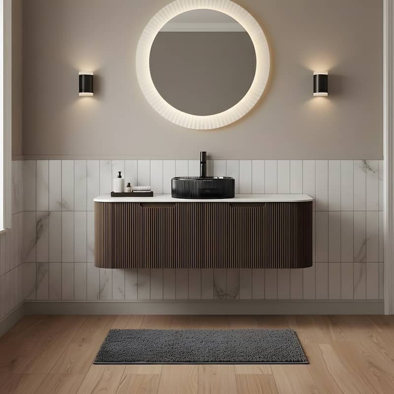 Wall Mounted Bathroom Vanity with Transparent Black Round Glass Basin