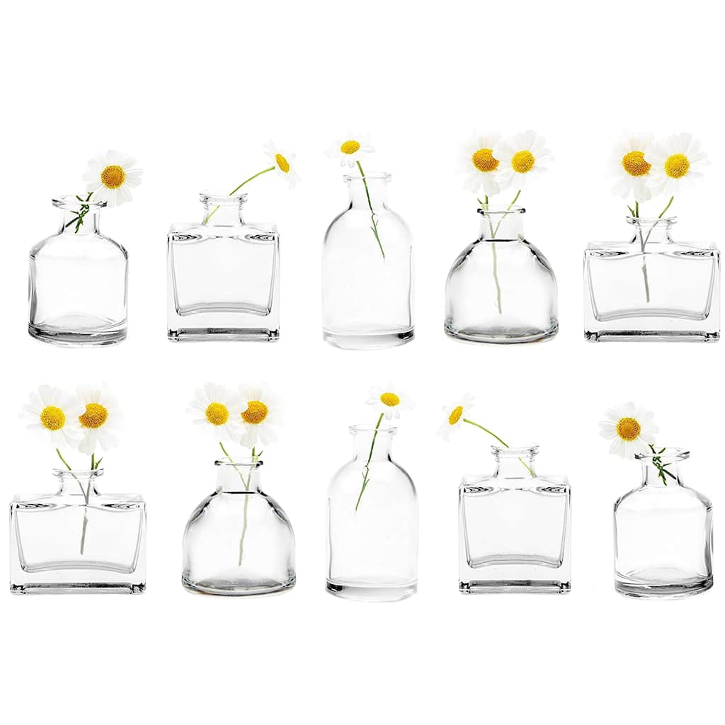 'Loft' Small Mini Flower Vases - Clear Glass Bud Vases, Set of 10 - Cute Vintage Rustic Centerpieces for Wedding