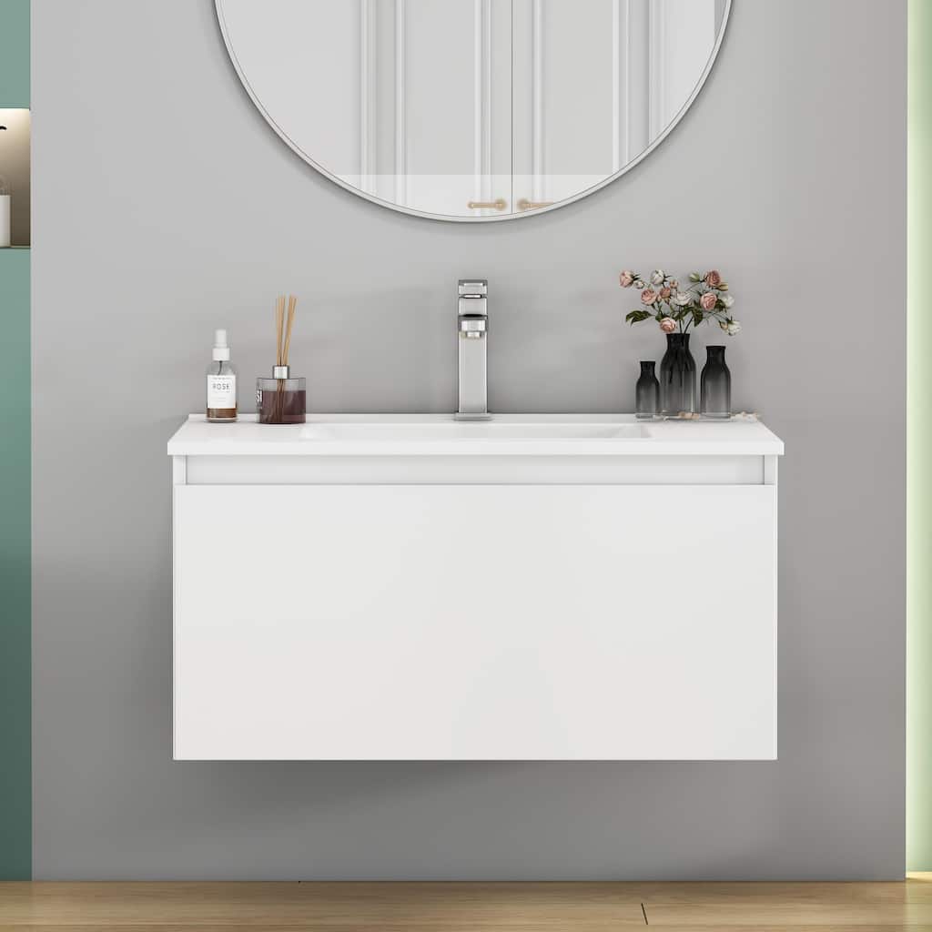 Wall-Mounted Bathroom Vanity, Floating Single Drawer Cabinet, 32 Inch Integrated Ceramic Sink