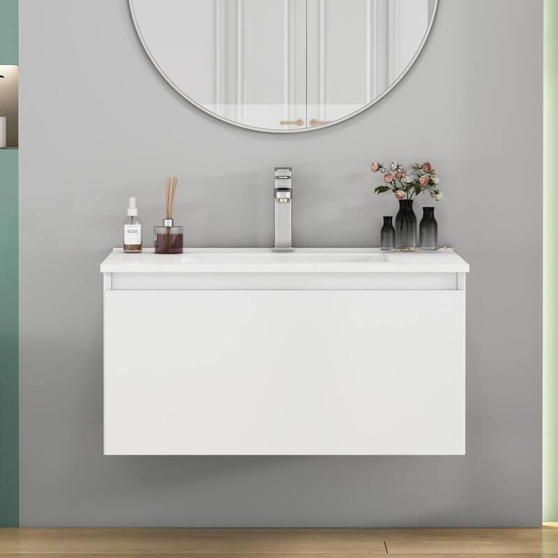 Wall-Mounted Bathroom Vanity, Floating Single Drawer Cabinet, 32 Inch Integrated Ceramic Sink - White - 32 Inch