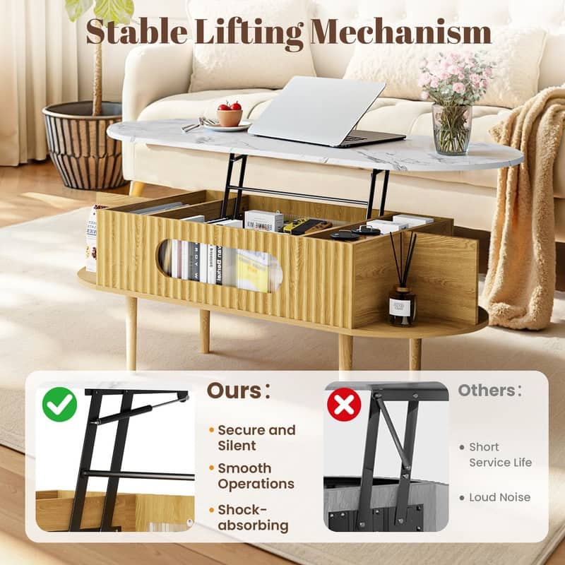 47" Fluted Lift Faux Marble Top Coffee Table, Wood Oval Center Table With 3 Hidden Compartment & 4 Open Space