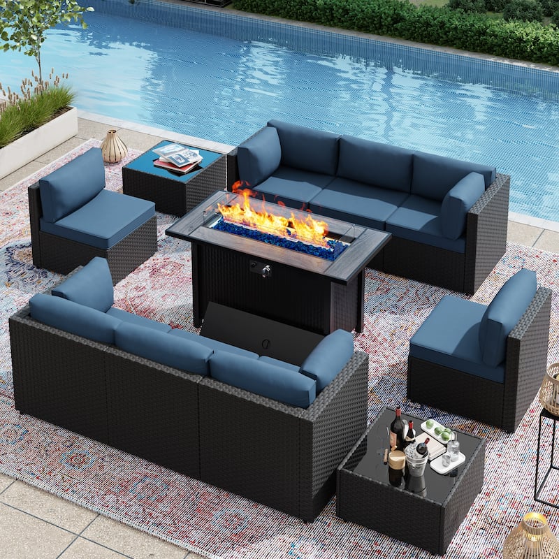11 Piece Sectional Seating Group with Fire Pit and Cushion - NavyBlue/Black