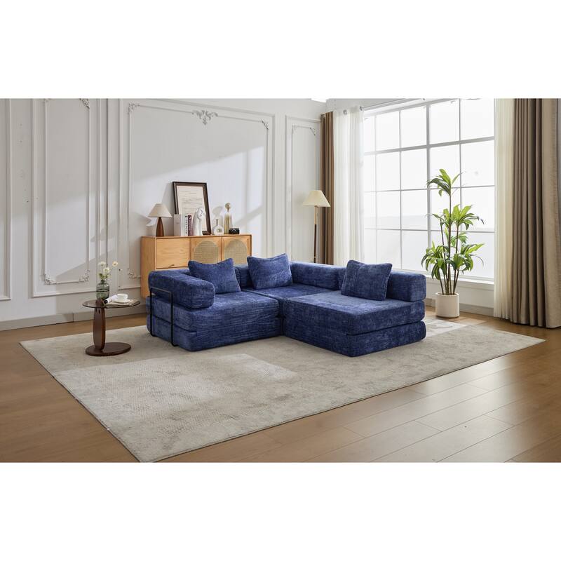 Chenille Fabric Compression Sofa, Boneless Modular Sectional Sofa, Convertible Floor Sofa Bed with Fixed-Shape Frame