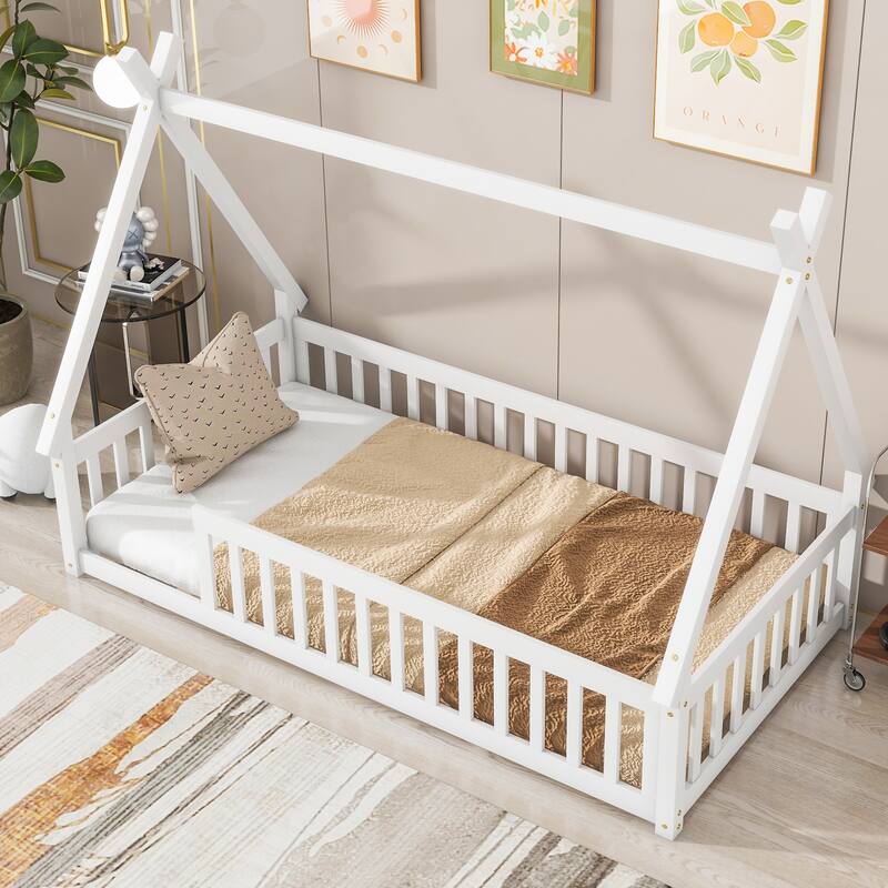 GDFStudio - Jackson American-Style Pine Twin Tent Bed with Teepee Design and Guardrail