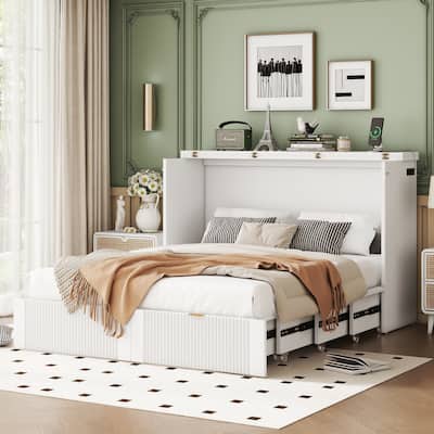 Full Size Murphy Bed with Pulley Structure, Drawer & USB