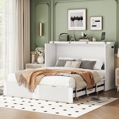 Space-Saving Full Murphy Bed with Drawers, Convenient Sockets & USB Ports, Smooth Pulley Design