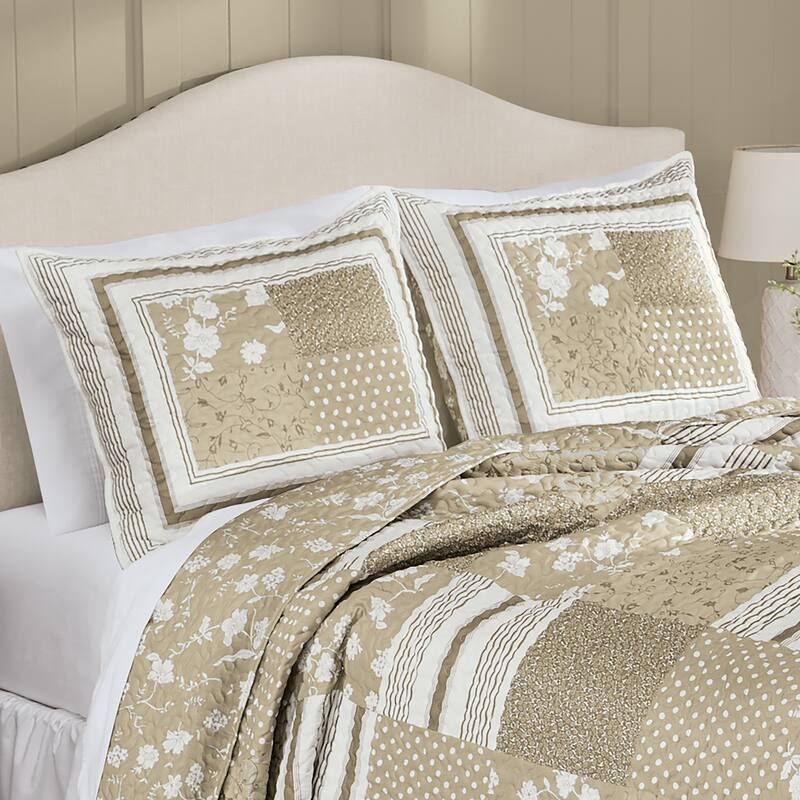 Payton Floral Stripe Patchwork Scalloped Edge Pillow Sham - Taupe