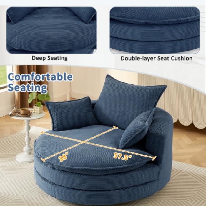 57.5" 360° Swivel Barrel Chair - Dual-Layer Cushion with 3 Removable Pillows for Living Room & Office
