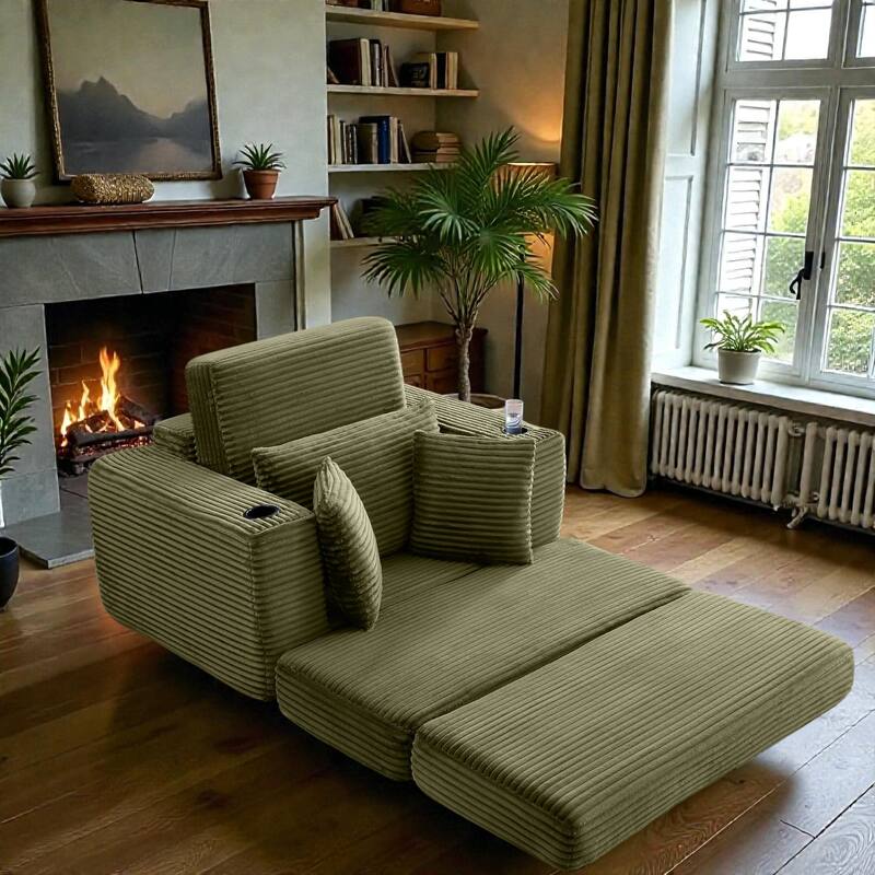 52.4" Boneless Chaise Lounge Chair, Corduroy Modular 3 in 1 Sofa Bed, Cloud Sleeper for Living Room Bedroom