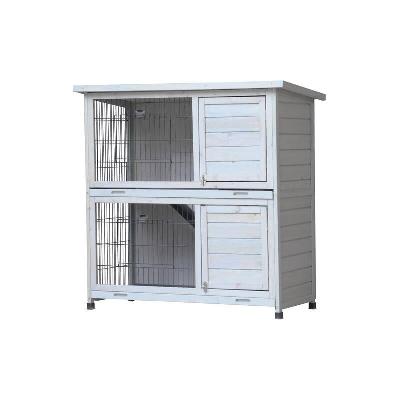 2-Story Outdoor Rabbit Hutch and Indoor Cage with Attached Run, Featuring Two Removable No-Leak Trays, Non-Slip Ramp