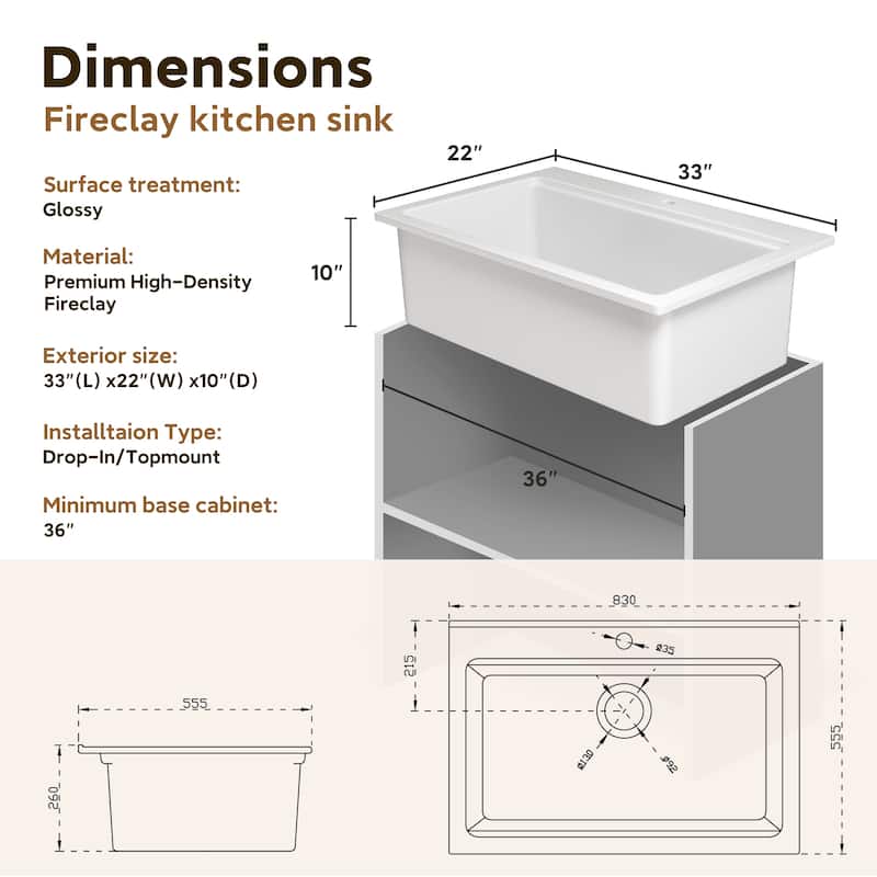 33 in. Drop-In Single Bowl Fireclay Workstation Kitchen Sink with Drying Rack & Cutting Board - Includes Accessories