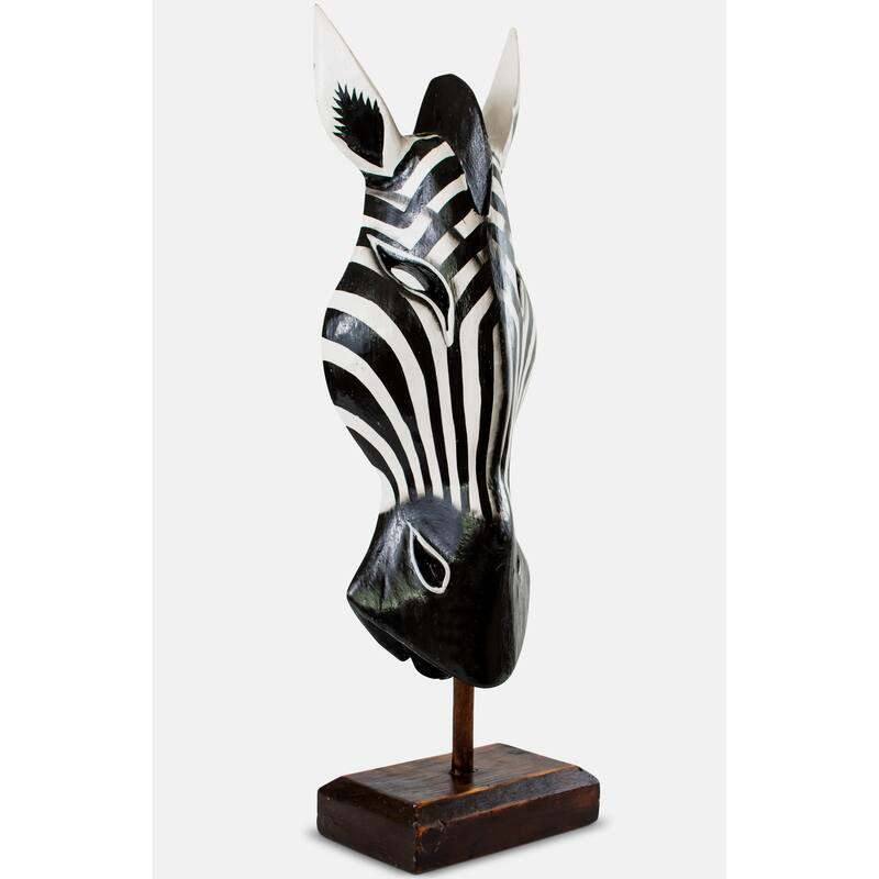 20" Wooden Tribal Striped Black White Zebra Mask with Stand Hand Carved Home Decor Accent Sculpture Decoration Handmade
