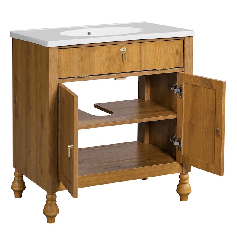 Christopher Knight Home - Jin 30-Inch Walnut Bathroom Vanity: Seashell Resin Sink & Flip-Up Storage