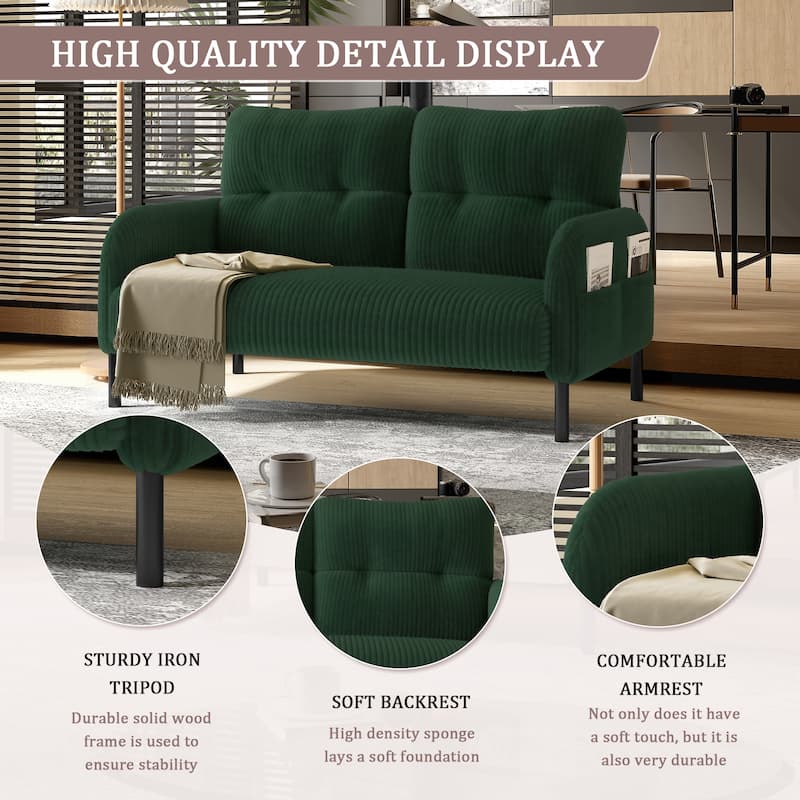 HOMEFUN Corduroy Upholstered Tufted Comfortable Wood Frame Loveseats Sofa with Double Side Pocket
