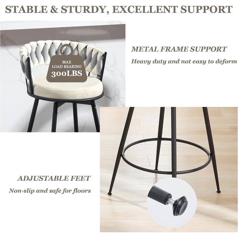 XINMICS 360° Swivel Bar Stools, 24 Inches Modern Counter Height Bar Stools with Woven Back, Upholstered Suede Tall Barstools