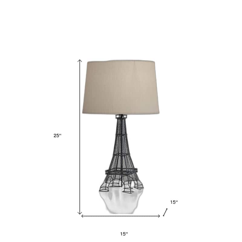 Black Acrylic Eiffel Tower Table Lamp with White Drum Shade and Rotary Switch - 15” x 15” x 25” (D x W x H)