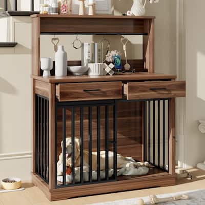 38" Dog Crate Furniture, Dog Cage Table with 2 Storage Drawers and Shelves, Side End Table