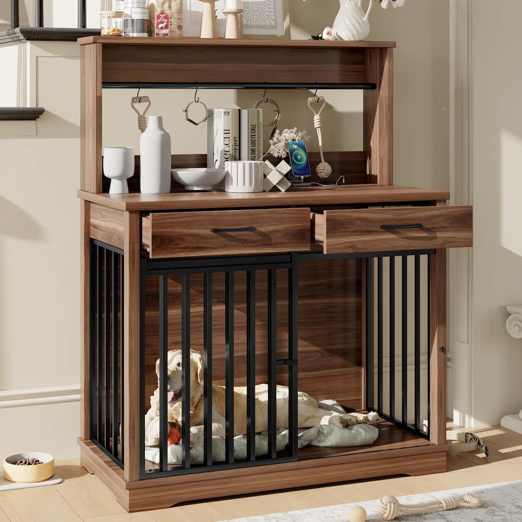 43.3" Dog Crate Furniture with 3 Drawers Indoor Wooden Dog Kennel, 2 Door Dog Cage End Table with Portable Feeder