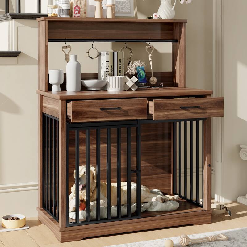 43.3" Dog Crate Furniture with 3 Drawers Indoor Wooden Dog Kennel, 2 Door Dog Cage End Table with Portable Feeder - Brown