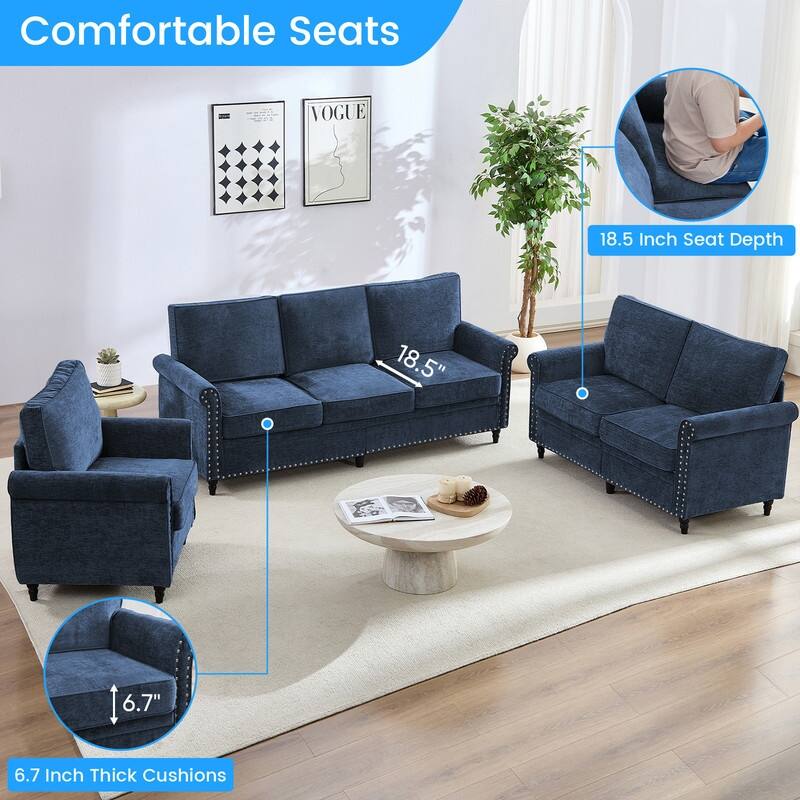 Mixoy 3Piece Chenille Living Room Sofa Set,Modern 3-Seater Sofa Couch&Loveseat Sofa&Single Sofa Armchair Set,Unique Riveted Look