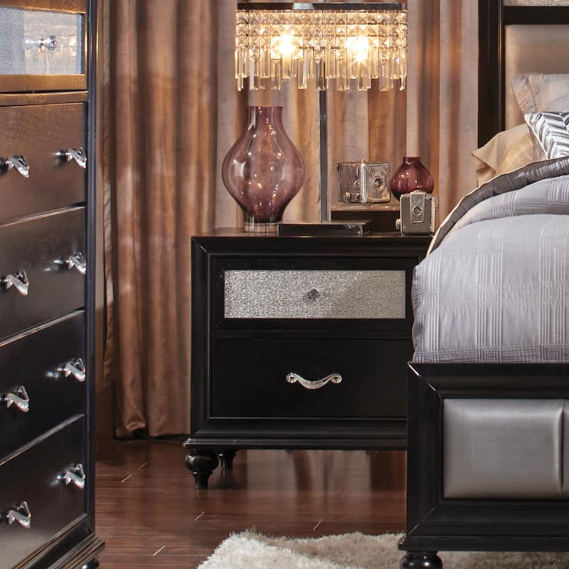 Black 2-Drawer Nightstand with Glossy Metallic Acrylic Fronts and Faceted Crystal Hardware - Black - 2-drawer