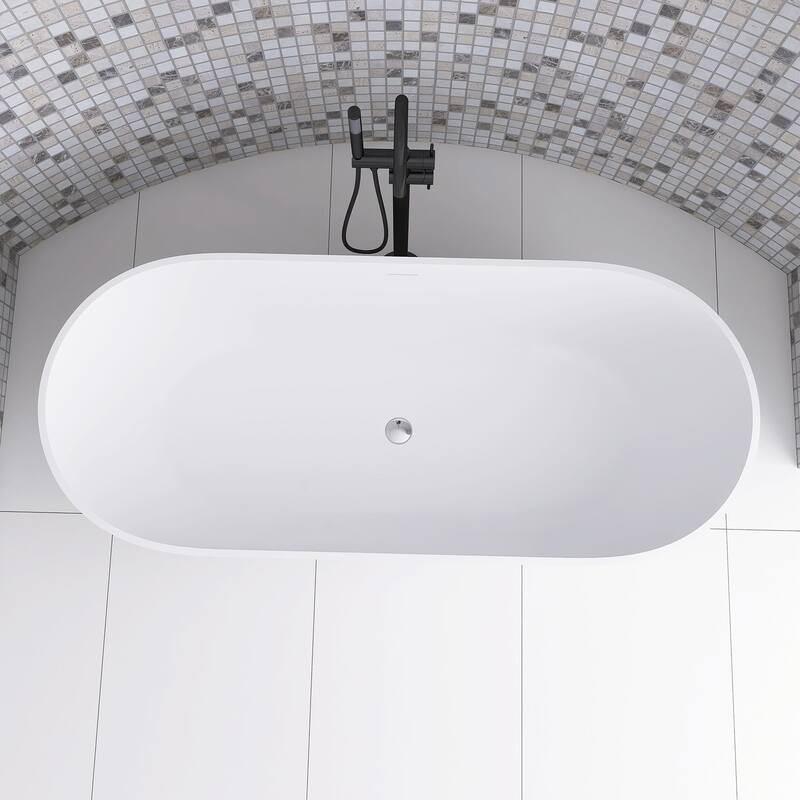 60"/69" Solid Surface Freestanding Bathtub in Matte White with Drain
