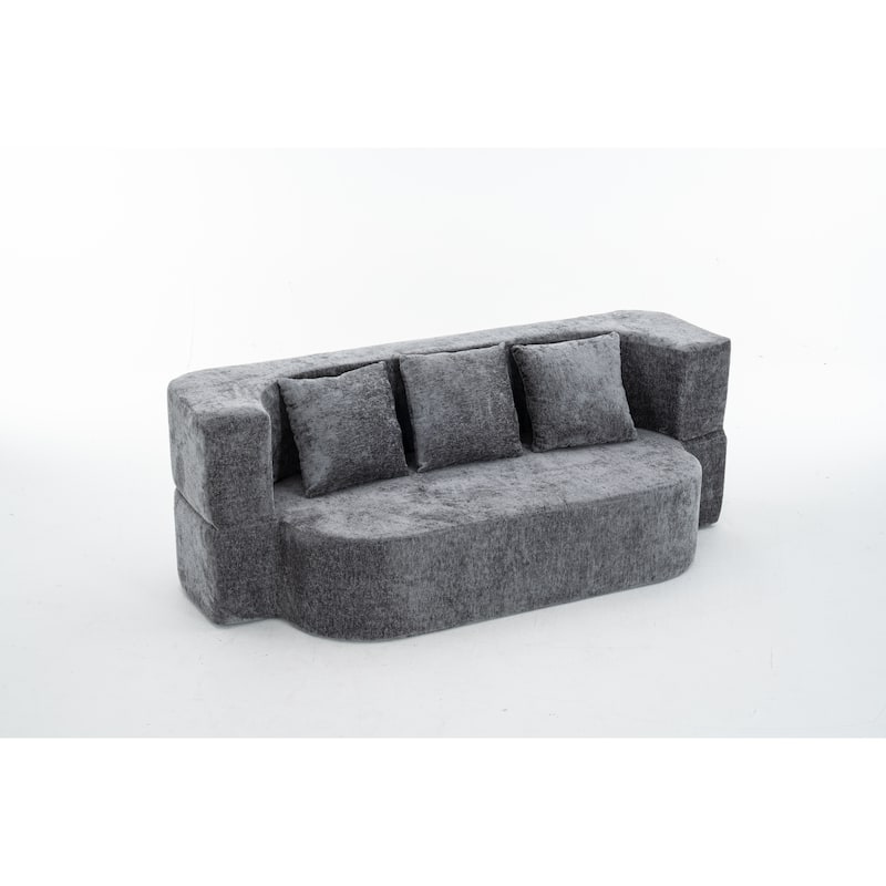 3-Seater Convertible Sofa Bed, Chenille Fabric Sleeper Sofa, High-Density Sponge Daybed, No Assembly Required - Grey