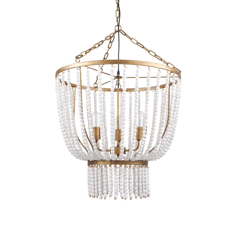Rhone White Wood Beads w/ Gold Metal Frame 3 Bulb Chandelier - White