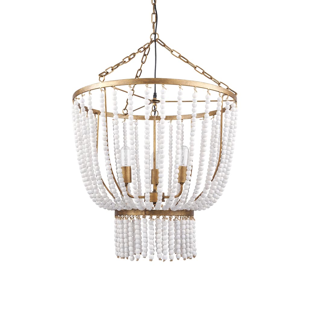 Rhone White Wood Beads w/ Gold Metal Frame 3 Bulb Chandelier