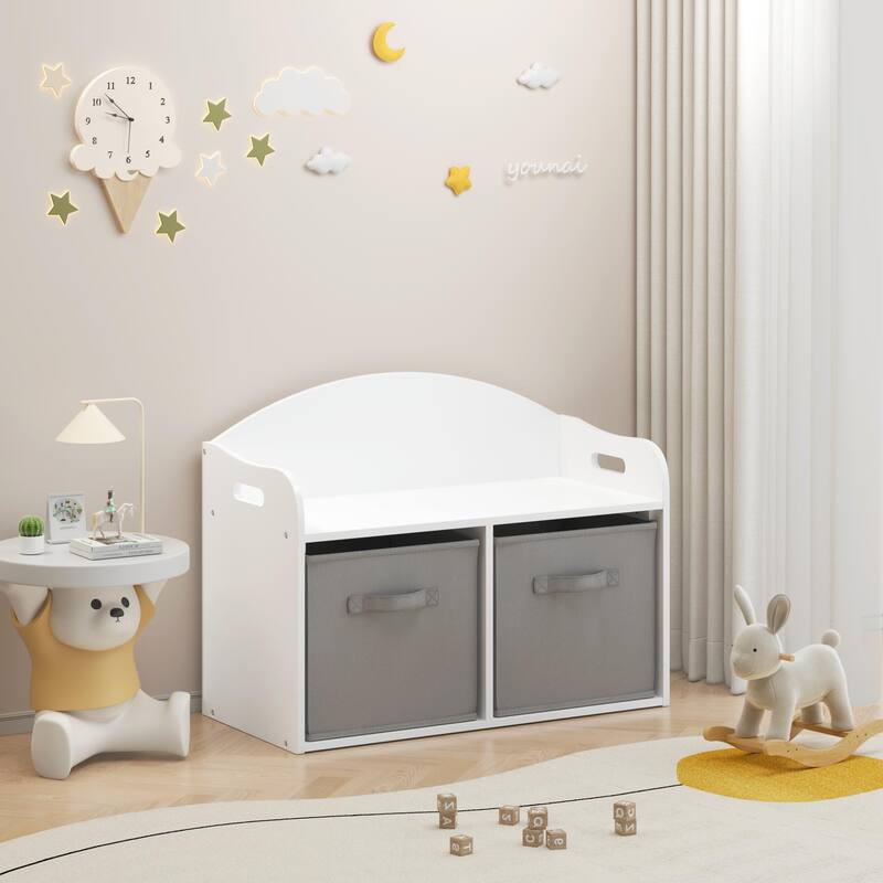 Anmytek White Storage Bench with Fabric Bins Kids Toy Organizer Entryway Seating