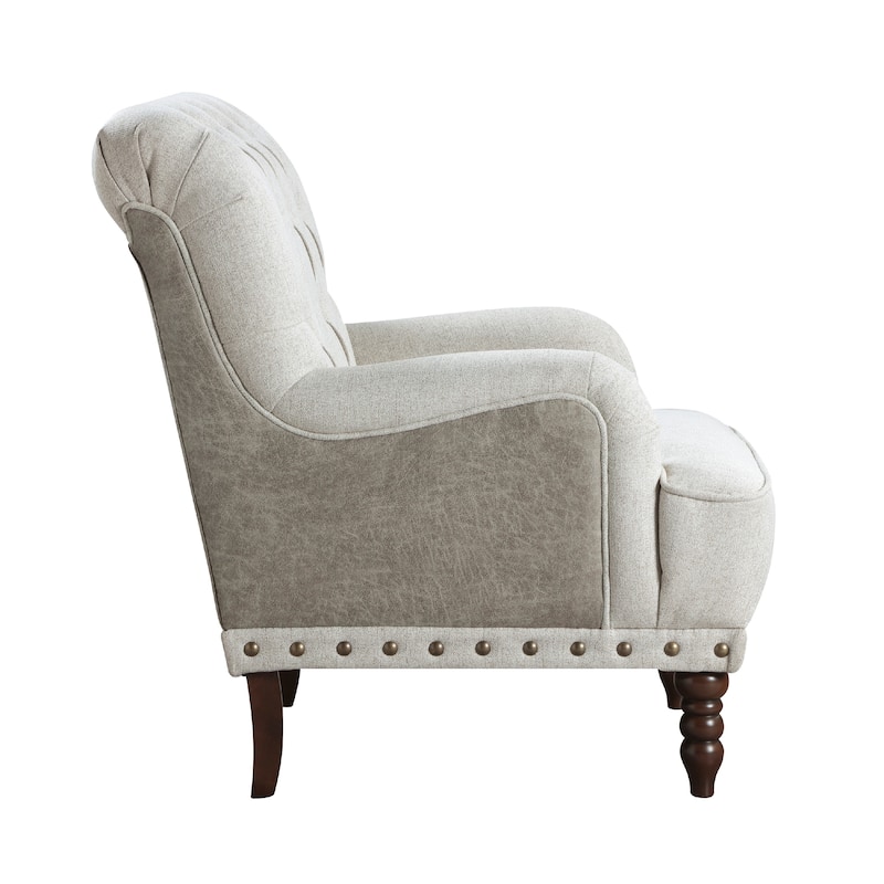 Zeya Accent Armchair, Button Tufted Beige Textured Polyester, Brown