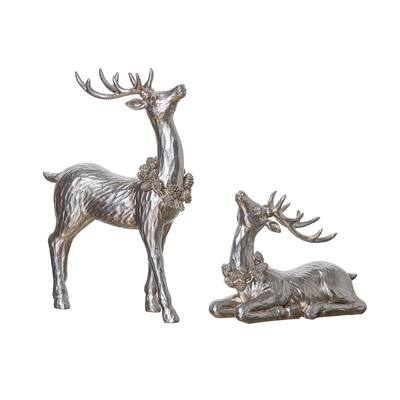 Transpac Resin 12.25 in. Silver Holiday Reindeer Figurine Set of 2