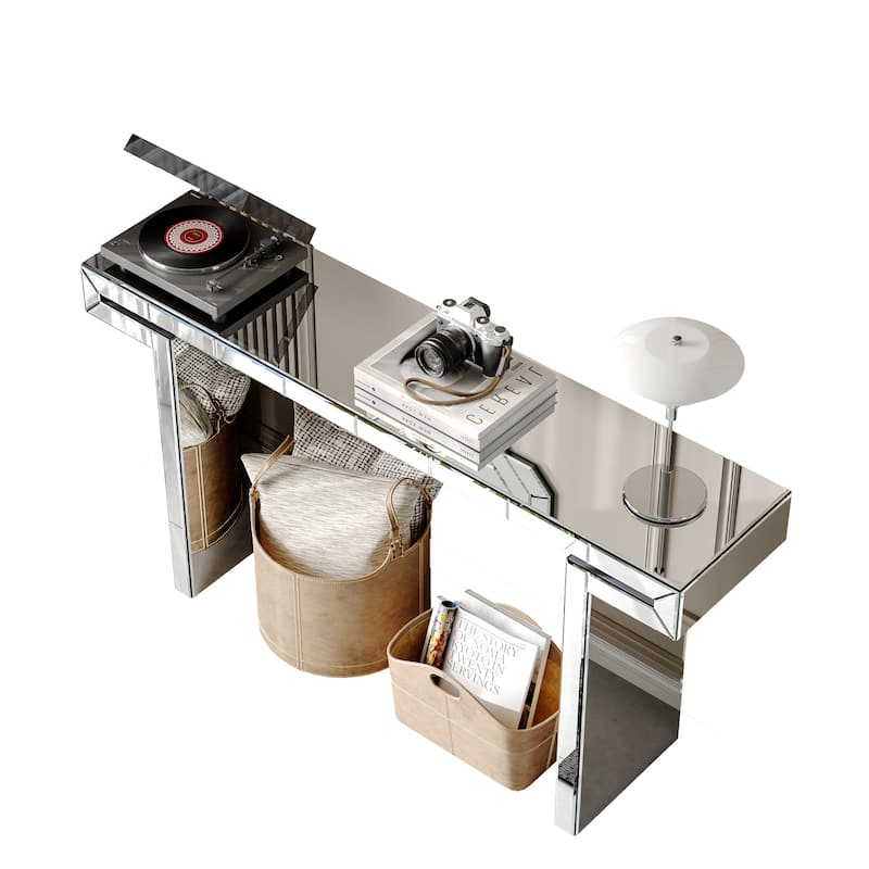 GDF Studio - Aranda Art Deco Mirrored Wood Console Table with Fluted Glass Design