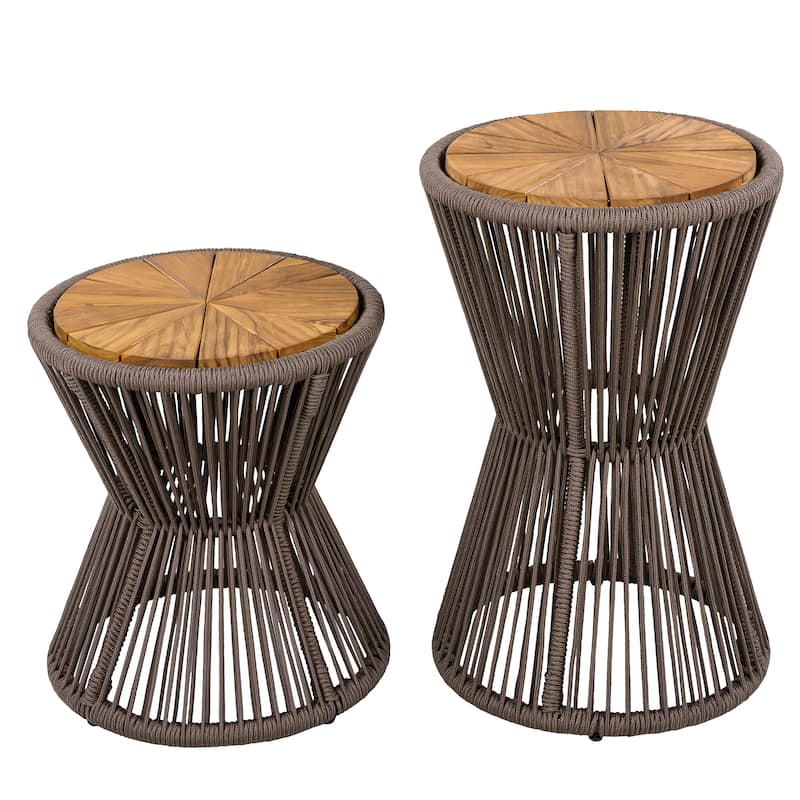 Scott Living - Nara Modern Outdoor Acacia Wood and Woven Rope Sculptural Side Table, Set of 2 - 32.28"L