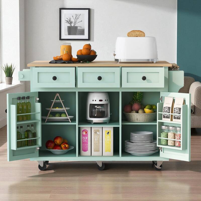 53" Kitchen Island Cart with Rubber Wood Drop Leaf, Rolling Storage Cabinet with Drawers, Spice & Towel Rack