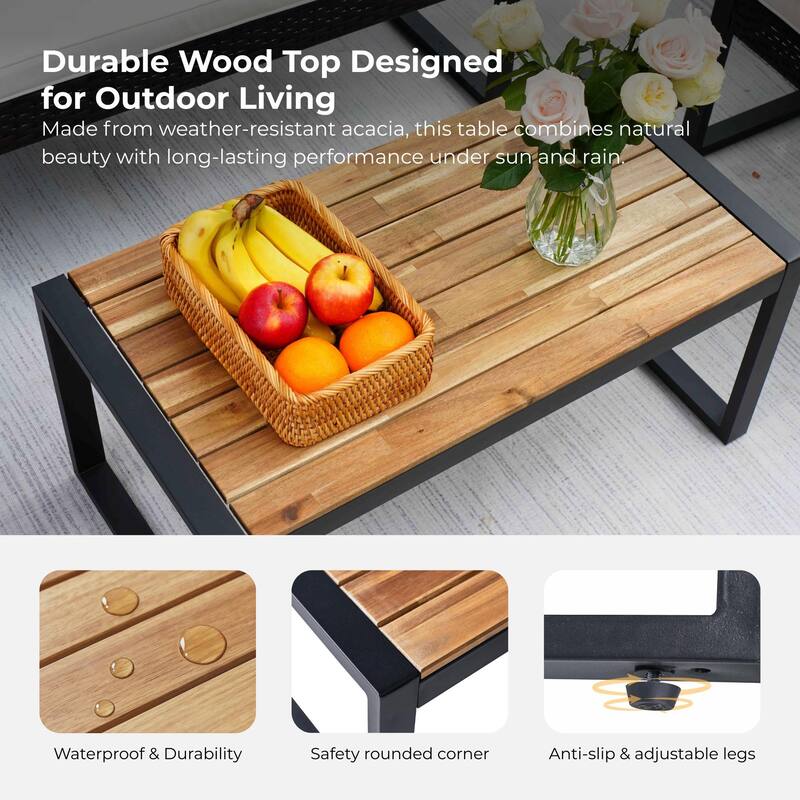 Anmytek Stylish Comfortable 4 Piece Acacia Wood Table Top Patio Furniture Set with Modern Brown Beige Cushions