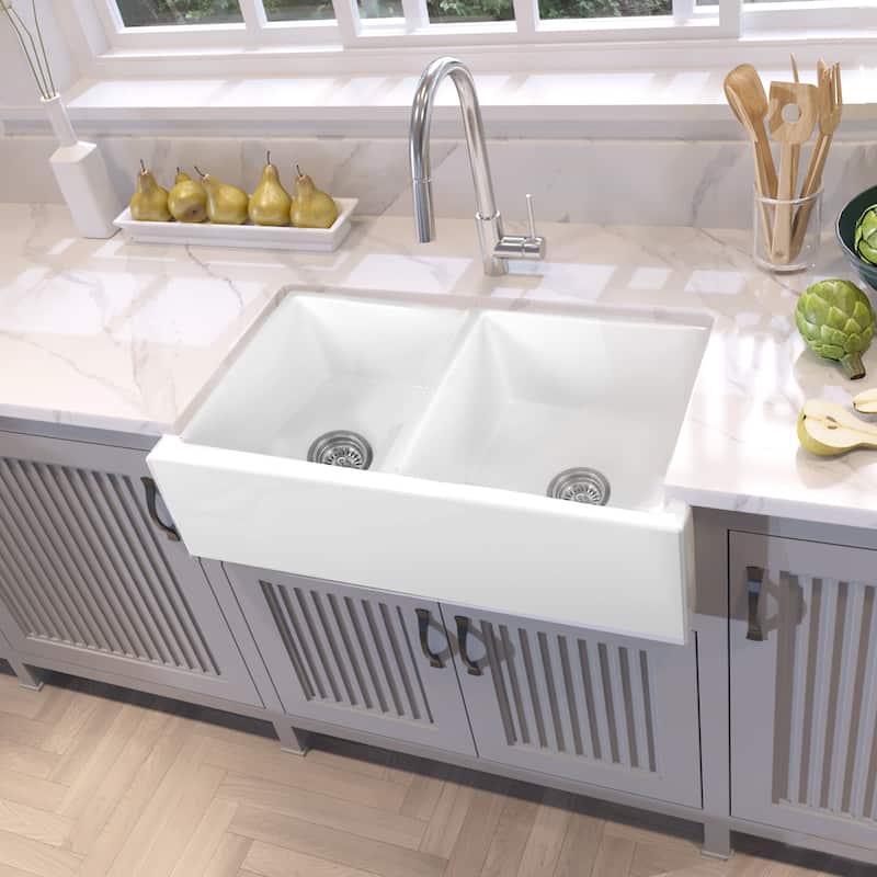 Highpoint Collection Double Bowl Fireclay Farmhouse Sink - 33 x 18 x 10