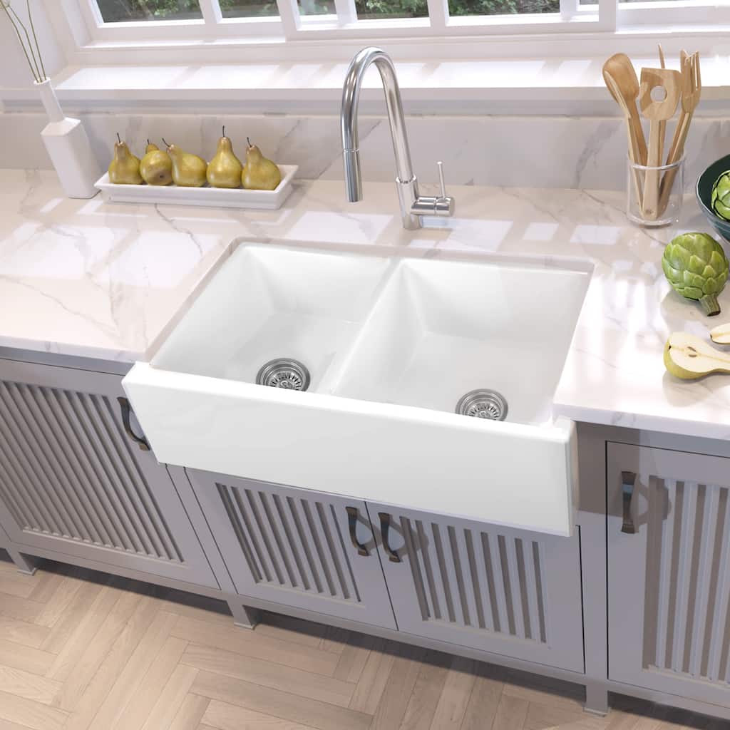 Highpoint Collection Double Bowl Fireclay Farmhouse Sink - 33 x 18 x 10