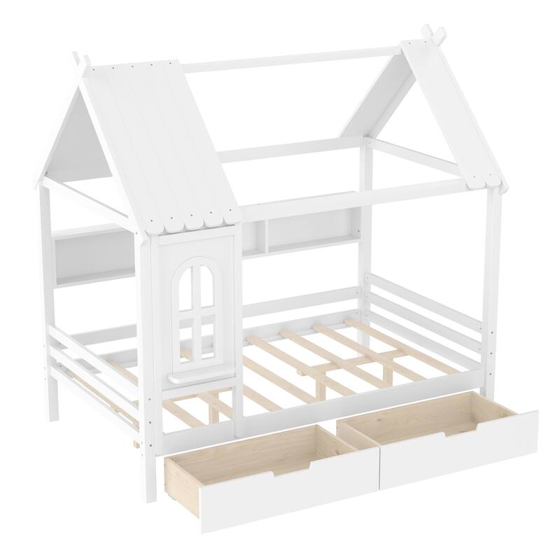 Charming House Bed for Girls, Boys Low Platform Bed Frame with Under-bed Drawers, Storage Shelves, Window and Roof