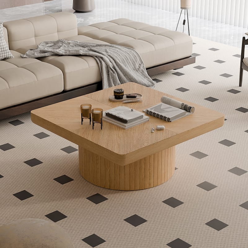 34.6" Modern Square Coffee Table with Parquet Wood Veneer Top & Cylindrical Base, Stylish Living Room Center Table