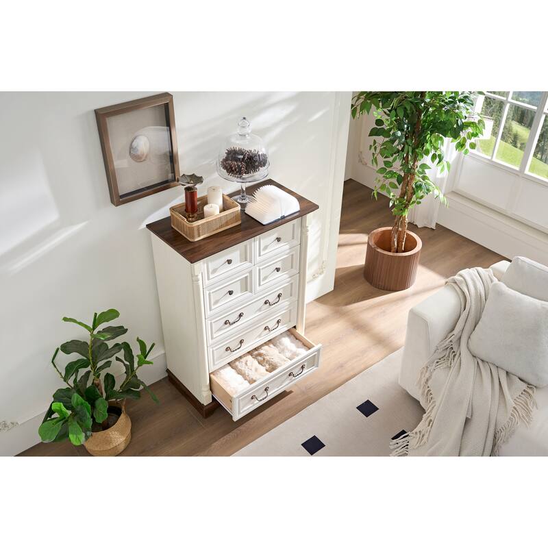 Anmytek White and Walnut 7 Drawer Dresser - Farmhouse Bedroom Storage with Mixed Hardware