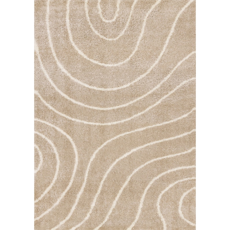 Taupe Cream Curved Lines Shag Living Rug