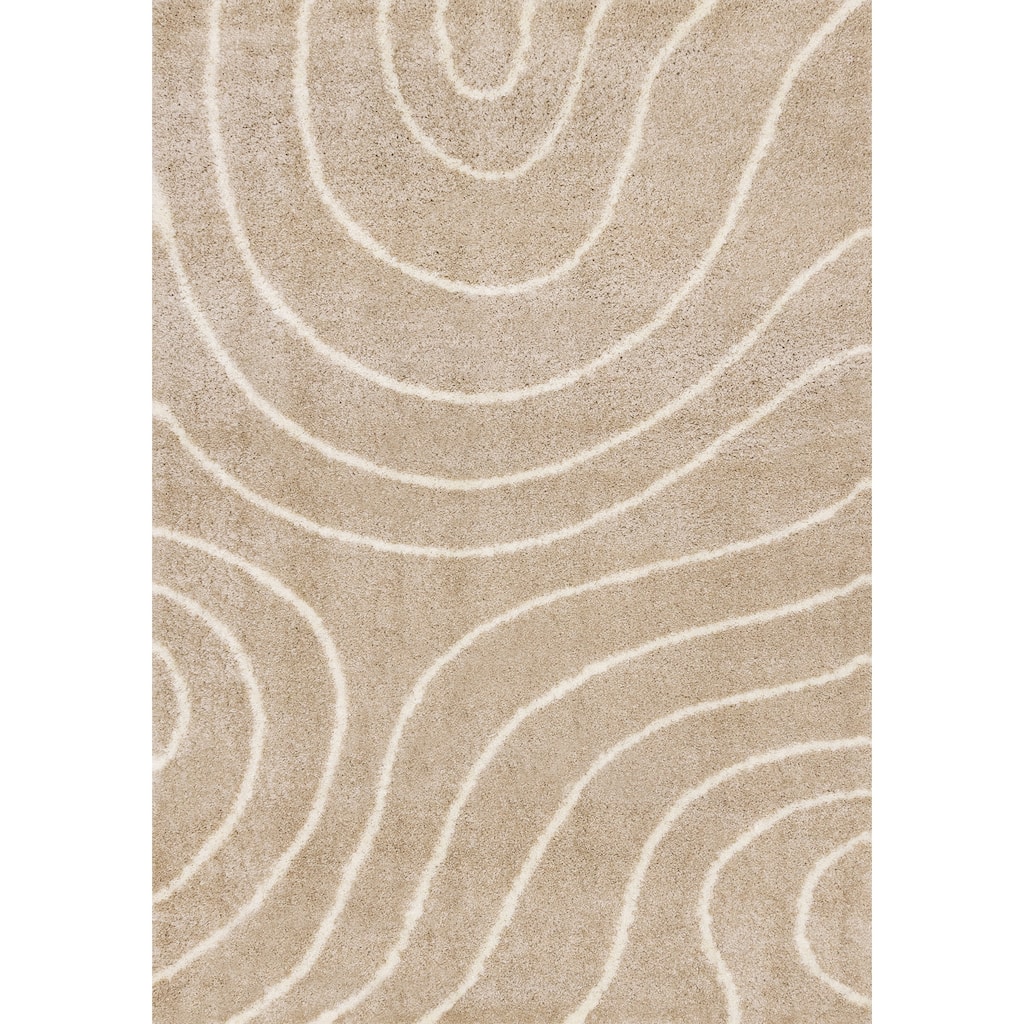Taupe Cream Curved Lines Shag Living Rug